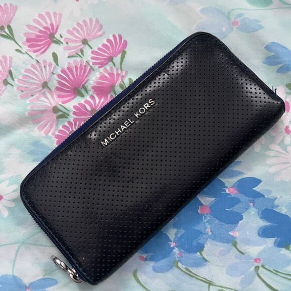 Michael Kors Handbags - Michael Kors Perforated Zip Around Leather Wallet - Black and Blue